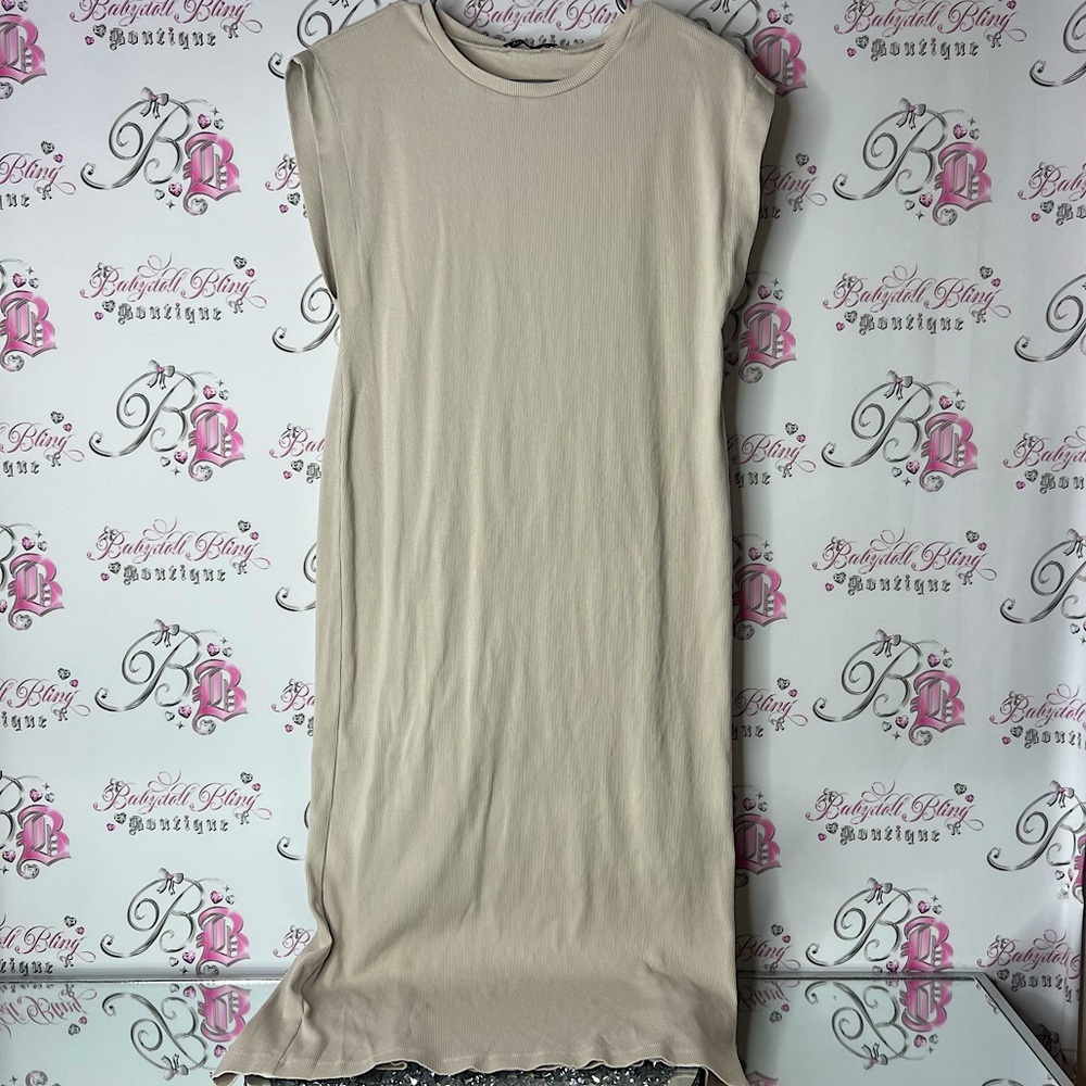 Zara dress long ribbed fabric flowy Cream beige stretchy comfy